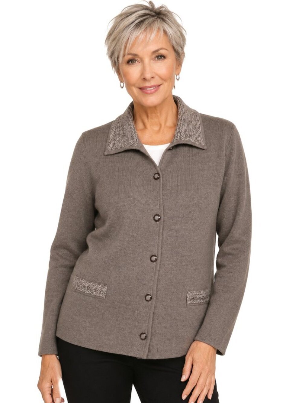 Canda C&A Taupe Button-Down LS Cardigan Sweater